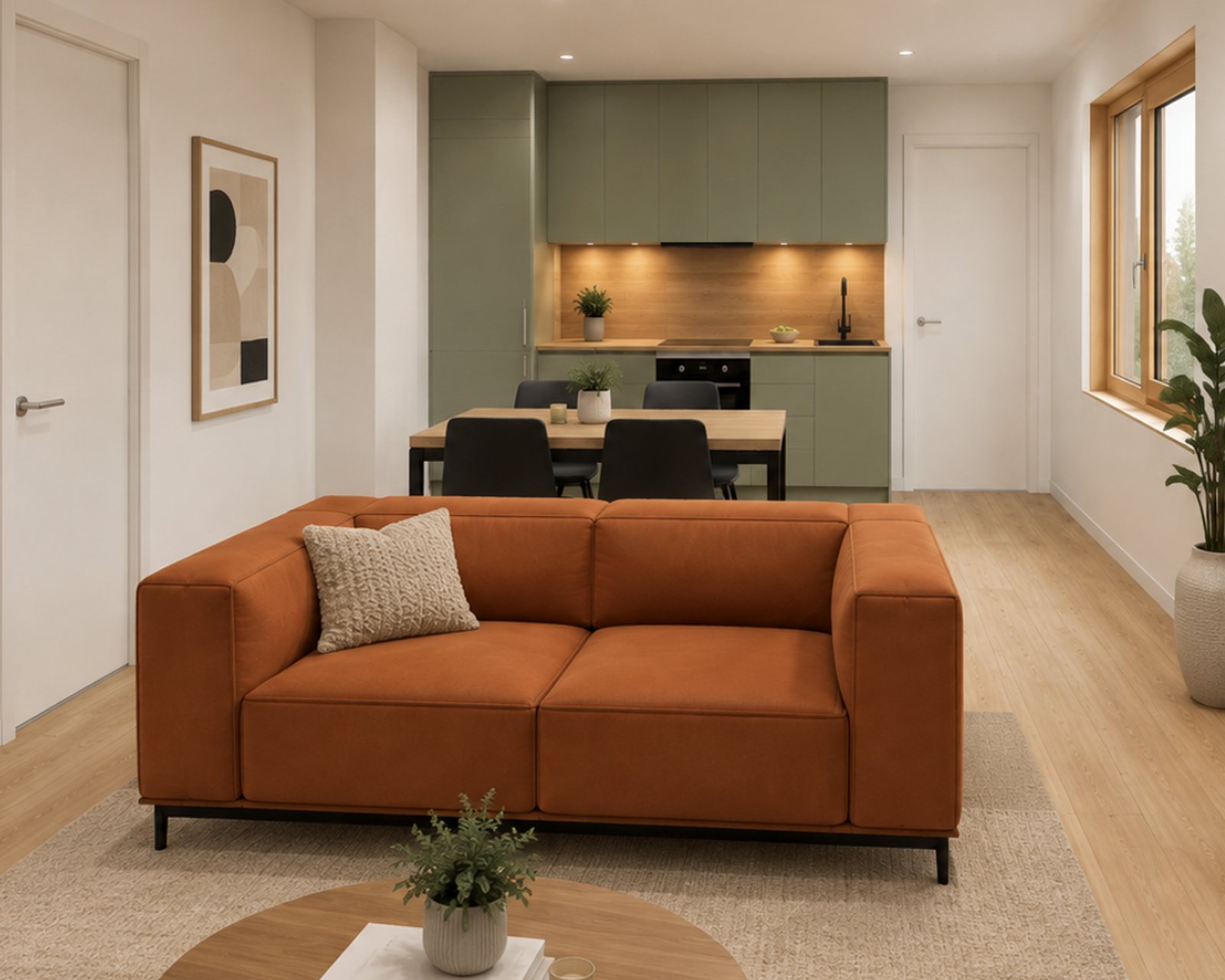 Soggiorno dell'Apartment Classic con divano e cucina verde salvia (immagine illustrativa)