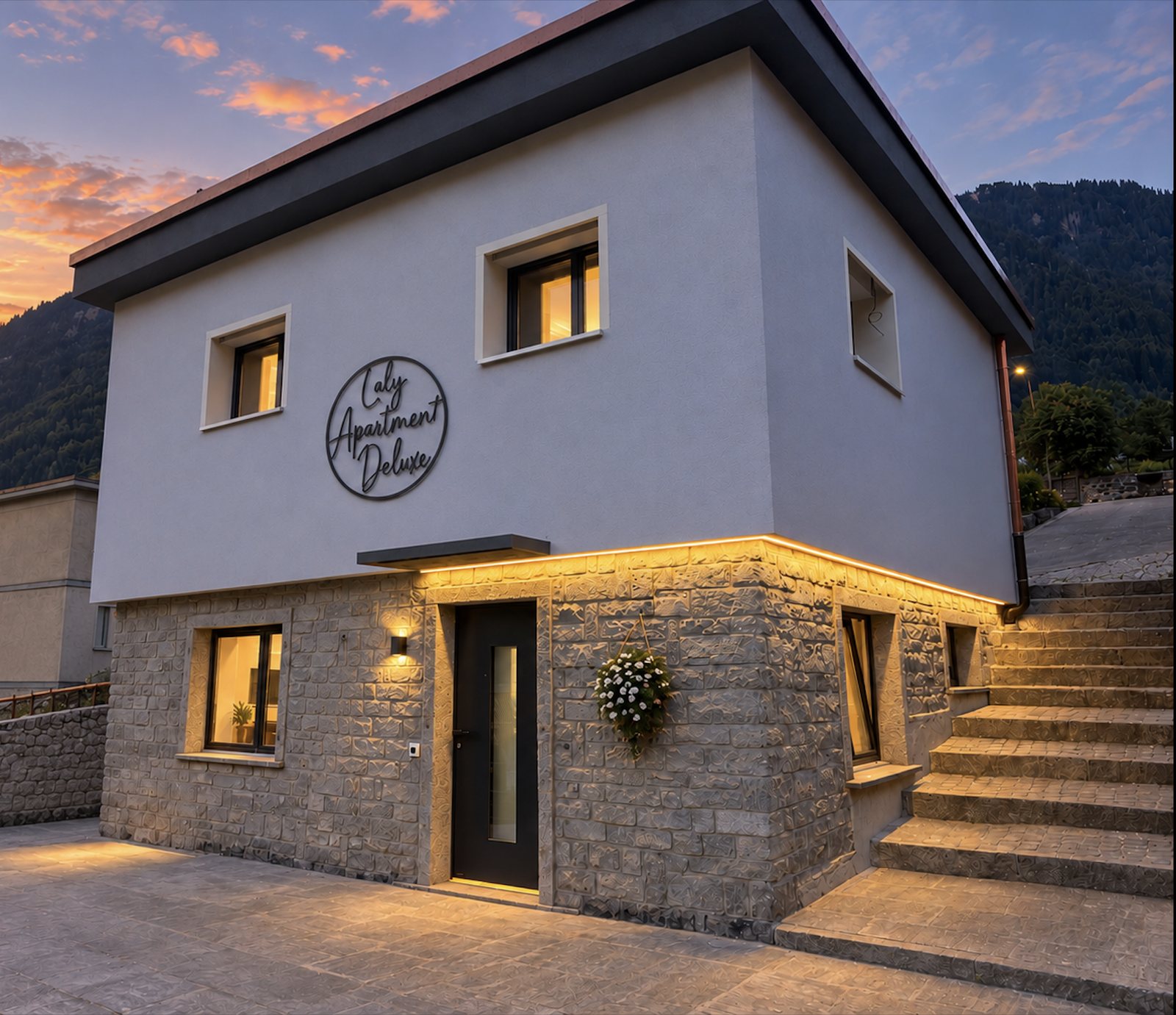 Facciata dell'Apartment Deluxe al tramonto